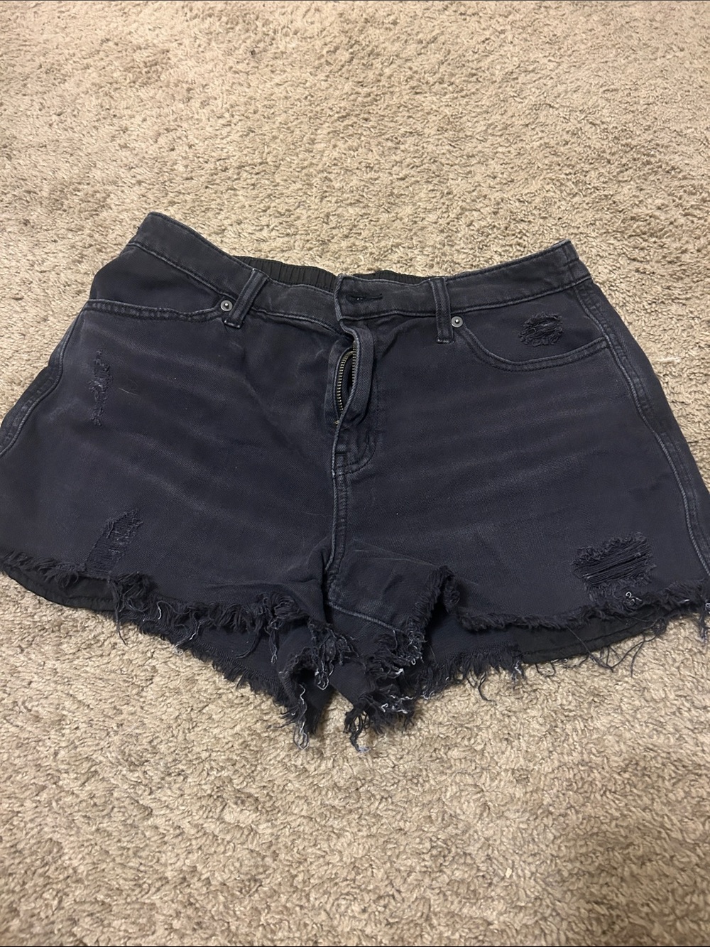 aerie Black Distressed Frayed Hem Denim Shorts